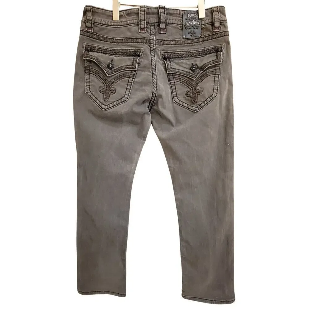 ROCK REVIVAL Gray Ben Straight Leather Detail Jeans Mens 36 Rebel Biker 90's